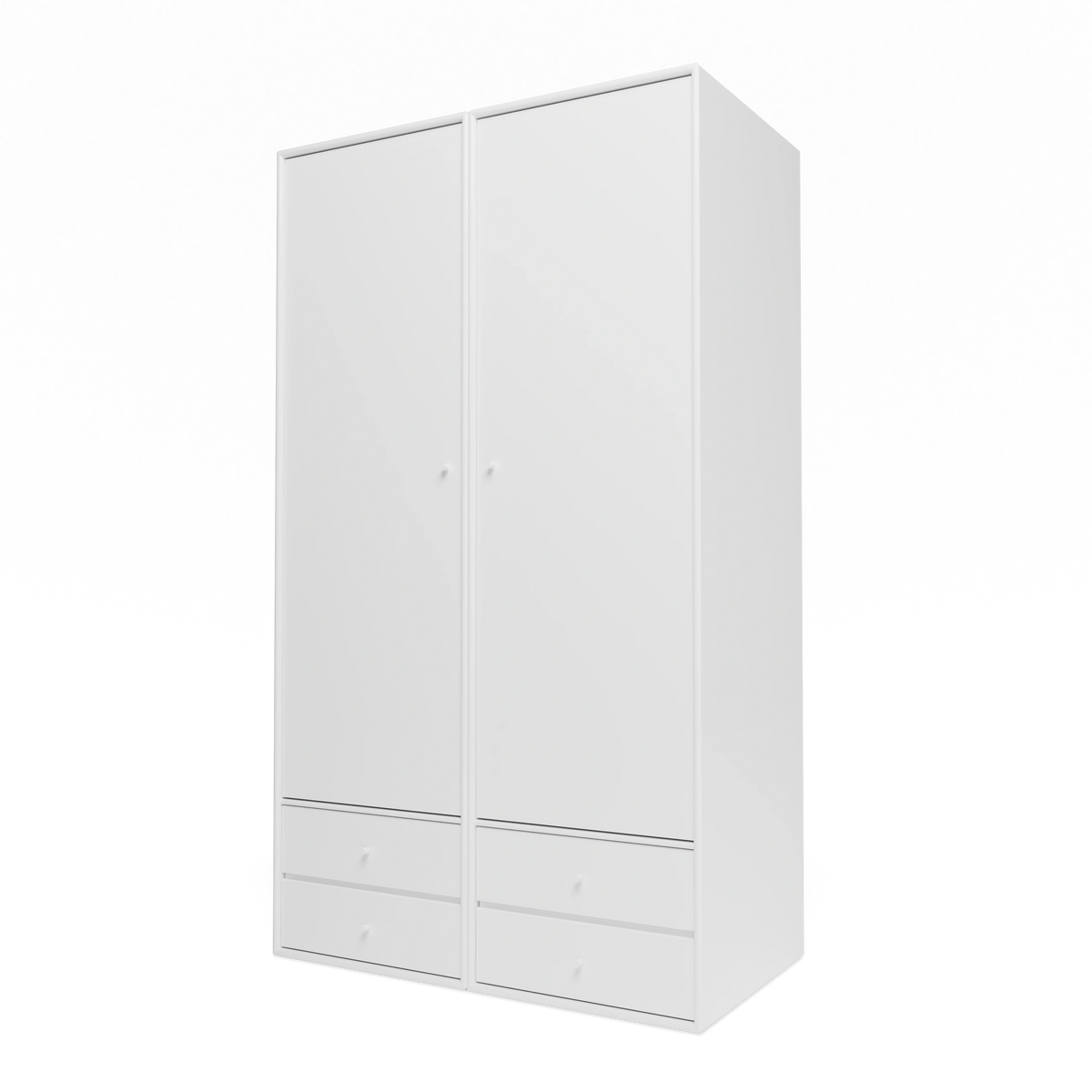 Armoire Attire IV Montana, laque 101 New White, suspendu au rail mural, vue de trois quarts sur fond blanc