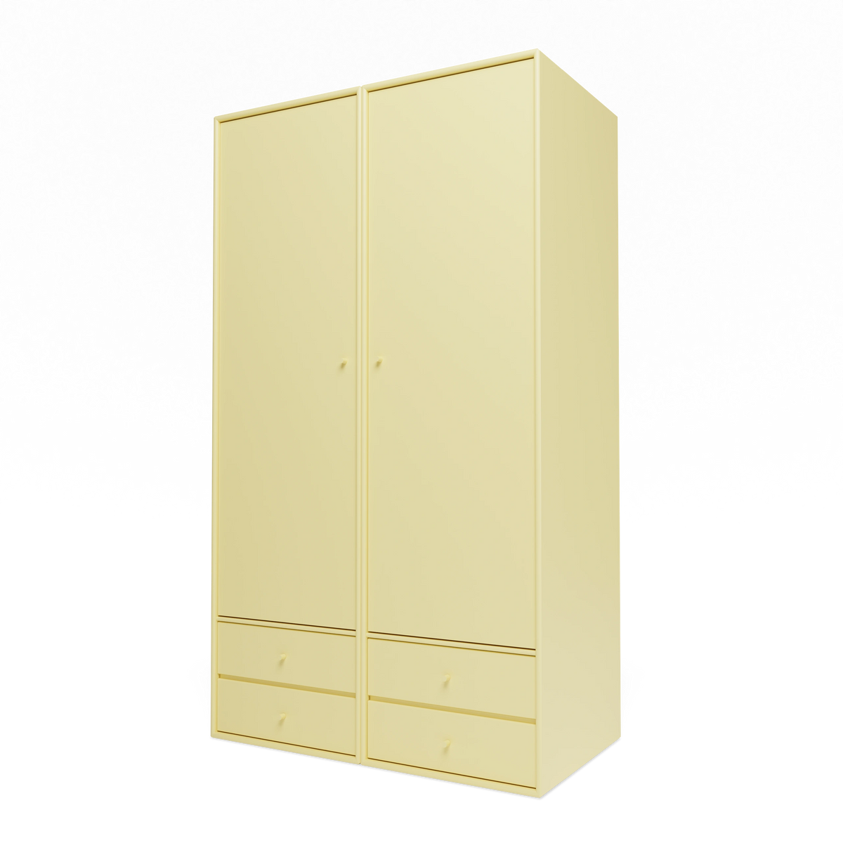 Armoire Attire IV Montana, laque 159 Camomile, suspendu au rail mural, vue de trois quarts sur fond blanc
