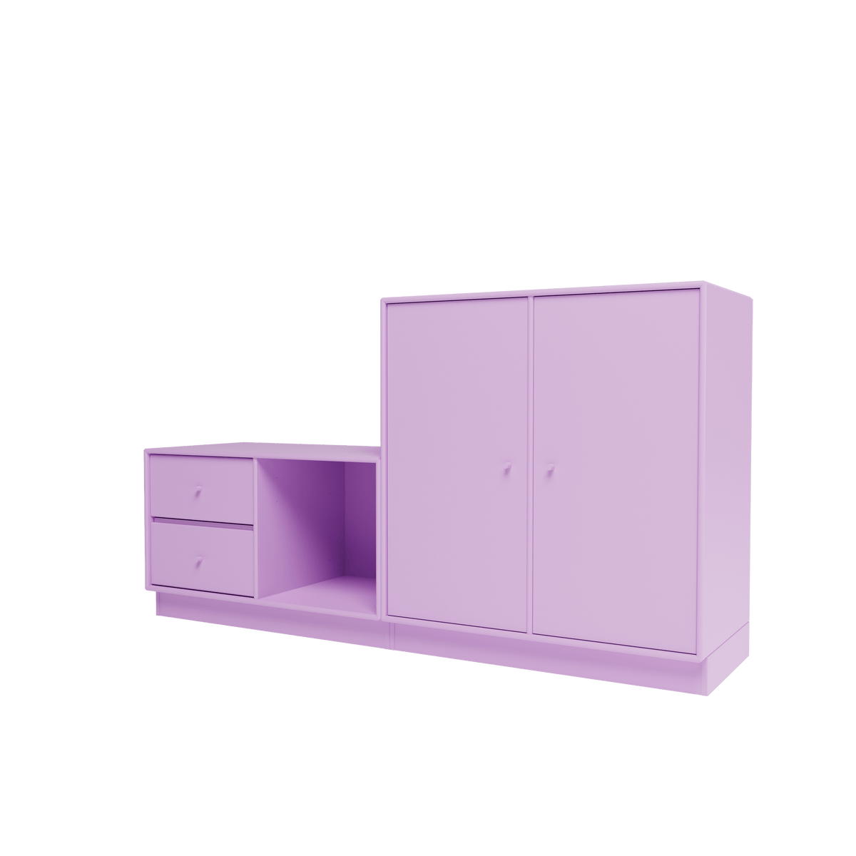 Banc Rest I Montana, laque 164 Iris, sur socle de 7 cm, vue de trois quarts sur fond blanc