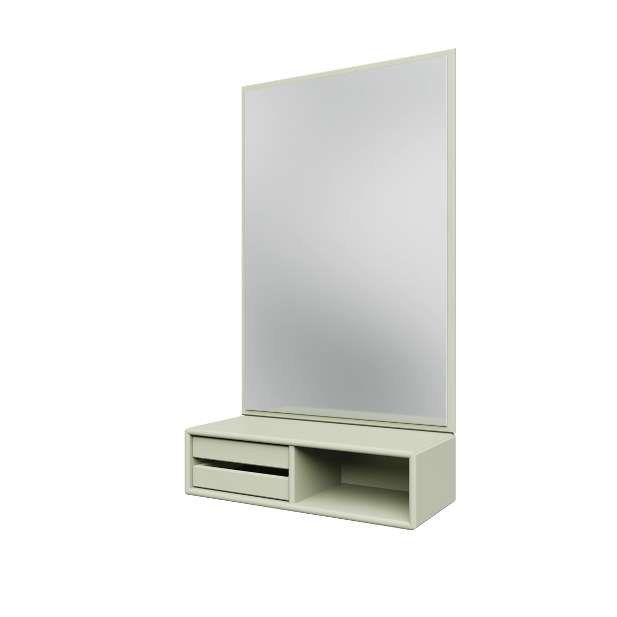 Miroir Glance Montana, laque 140 Pomelo, suspendu au rail mural, vue de trois quarts sur fond blanc