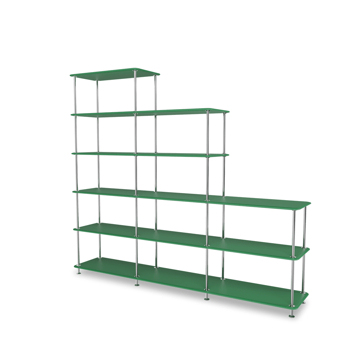 Etagère Free 542000 Montana, tablettes 232 Parsley et structure 44C Chrome, vue de trois quarts sur fond blanc