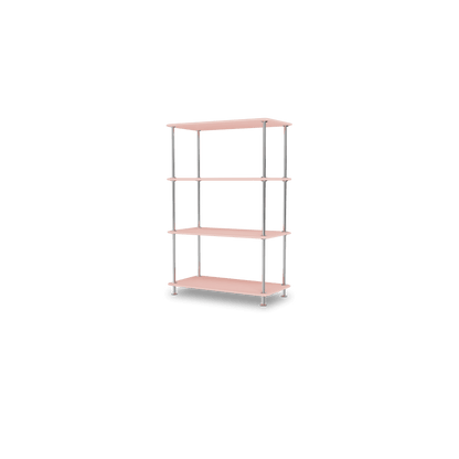 Etagère Free 300000 Montana, tablettes 167 Ruby et structure 44C Chrome, vue de trois quarts sur fond blanc