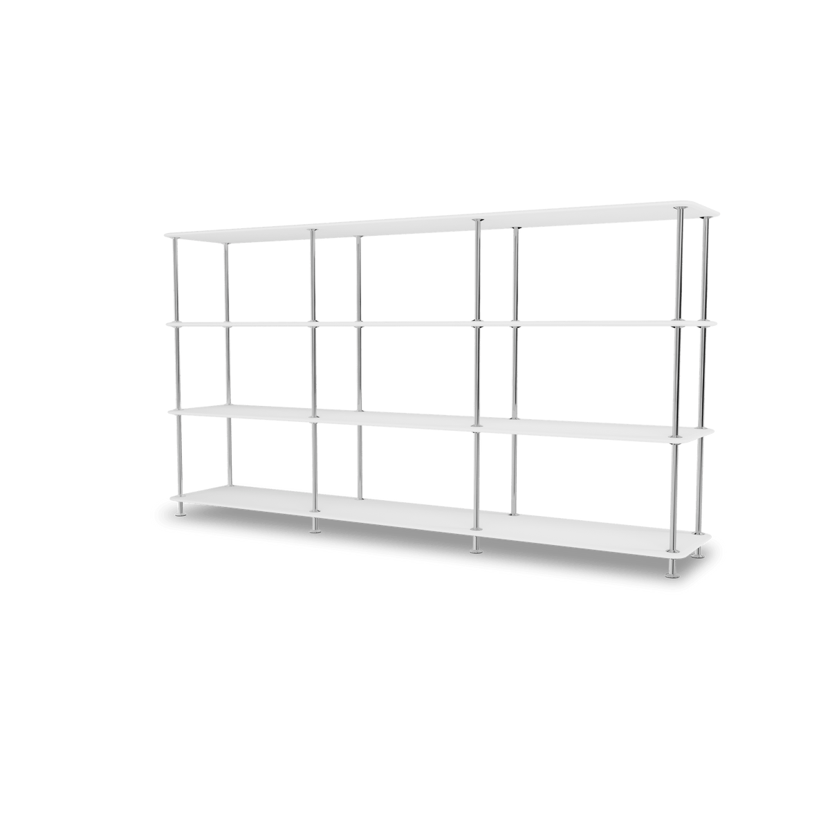 Etagère Free 333000 Montana, tablettes 214 New White et structure 44C Chrome, vue de trois quarts sur fond blanc
