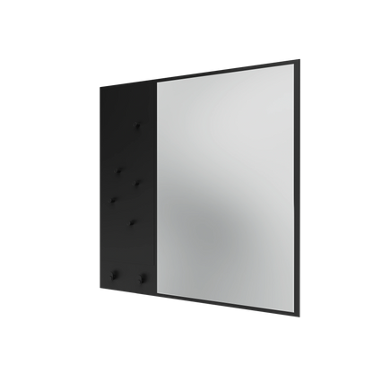 Miroir Memo Montana, laque 05 Black, suspendu au rail mural, vue de trois quarts sur fond blanc