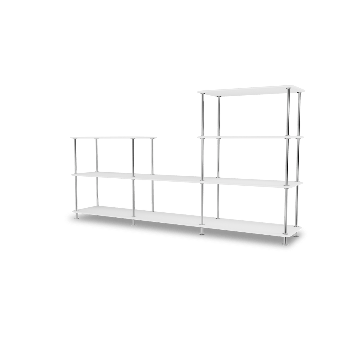 Etagère Free 312000 Montana, tablettes 214 New White et structure 44C Chrome, vue de trois quarts sur fond blanc