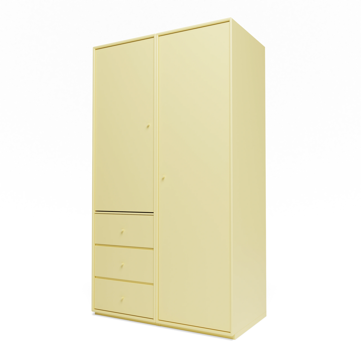 Armoire Attire III Montana, laque 159 Camomile, sur socle de 3 cm, vue de trois quarts sur fond blanc