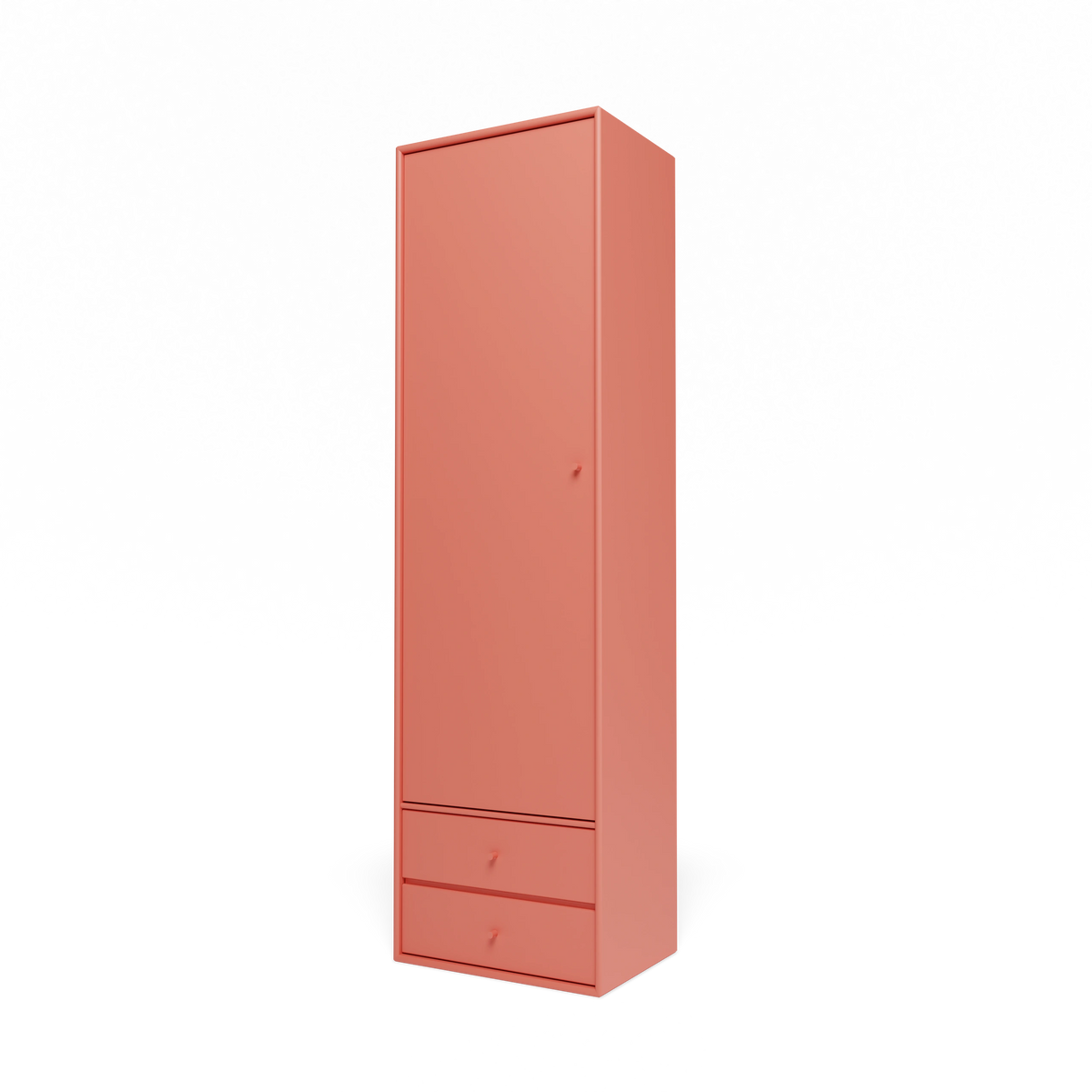 Armoire Attire I Montana, laque 151 Rhubarb, suspendu au rail mural, vue de trois quarts sur fond blanc