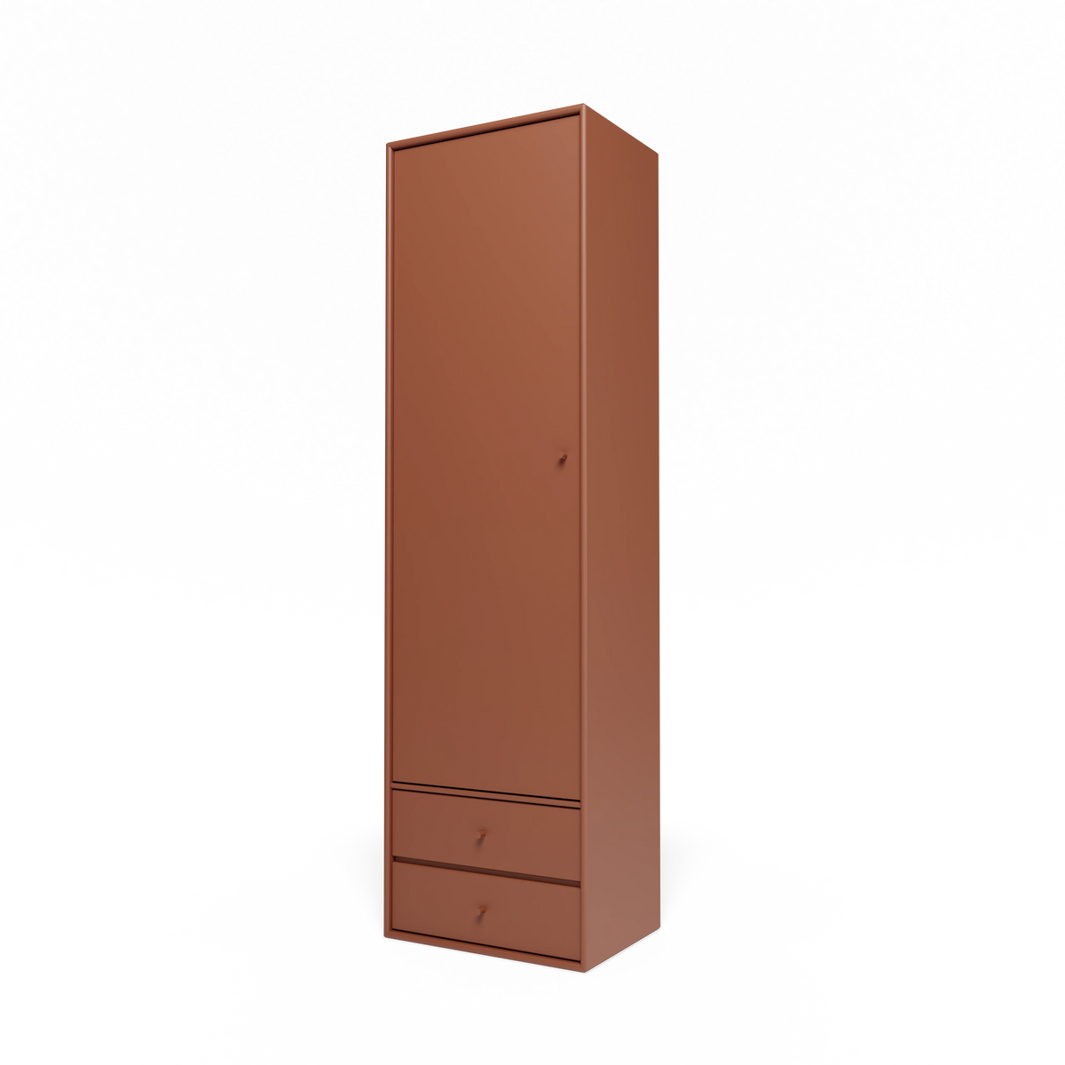 Armoire Attire I Montana, laque 146 Hazelnut, suspendu au rail mural, vue de trois quarts sur fond blanc