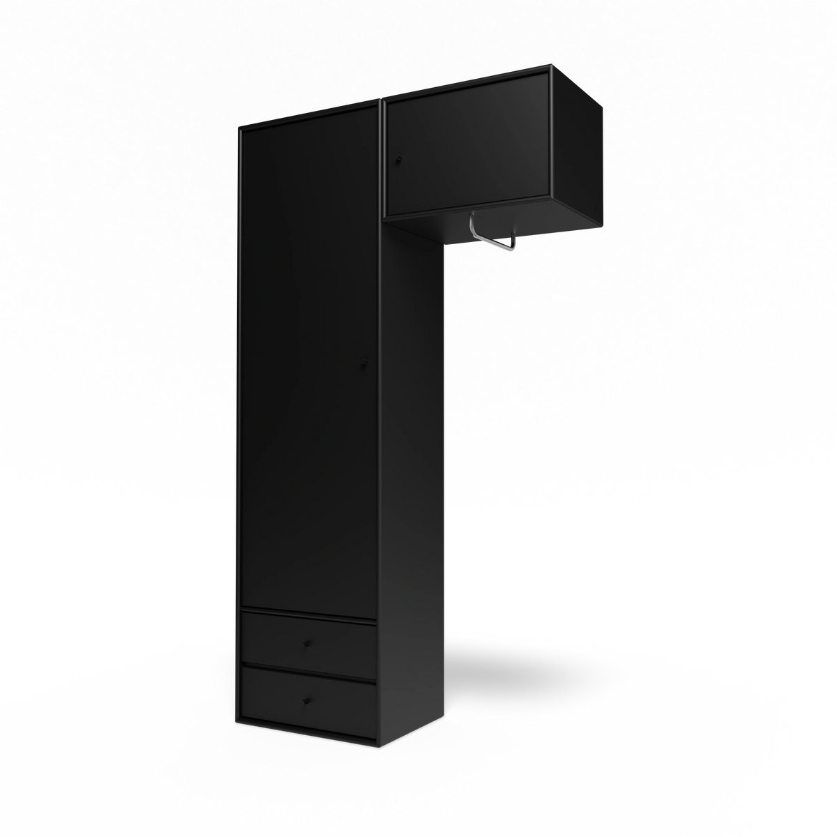 Armoire Attire II Montana, laque 05 Black, suspendu au rail mural, vue de trois quarts sur fond blanc