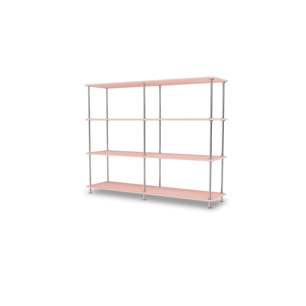 Etagère Free 330000 Montana, tablettes 167 Ruby et structure 44C Chrome, vue de trois quarts sur fond blanc