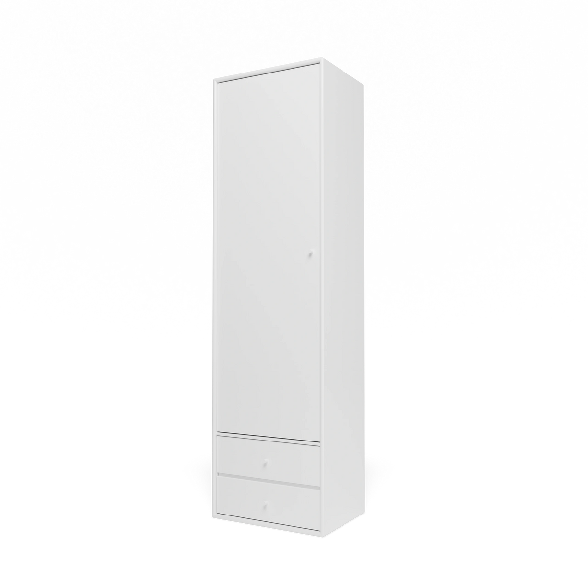 Armoire Attire I Montana, laque 101 New White, suspendu au rail mural, vue de trois quarts sur fond blanc