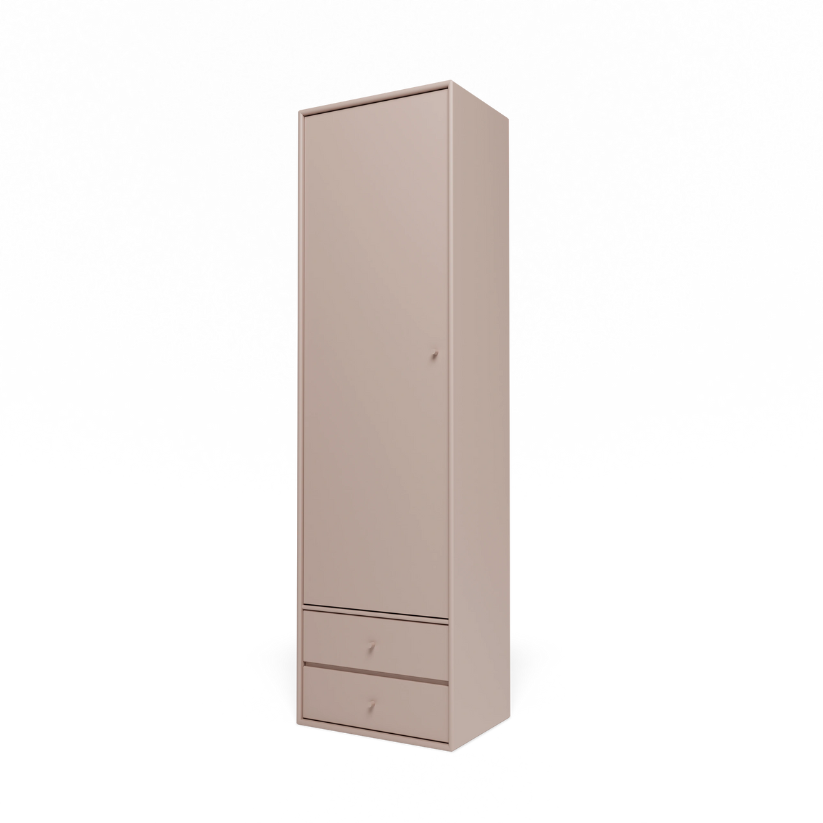 Armoire Attire I Montana, laque 137 Mushroom, suspendu au rail mural, vue de trois quarts sur fond blanc