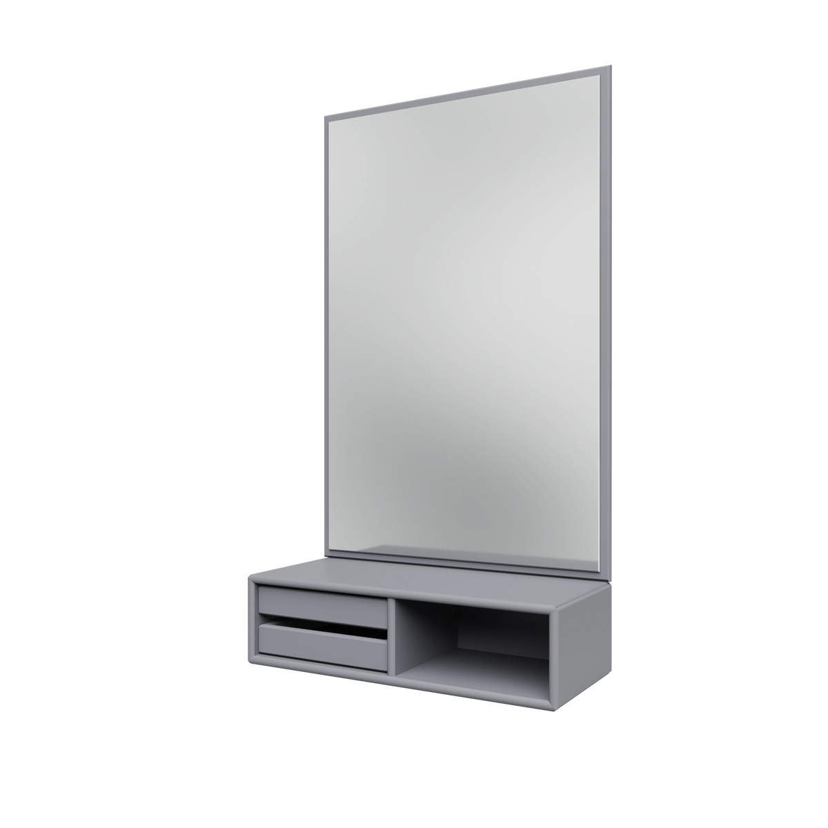 Miroir Glance Montana, laque 100 Graphic, suspendu au rail mural, vue de trois quarts sur fond blanc