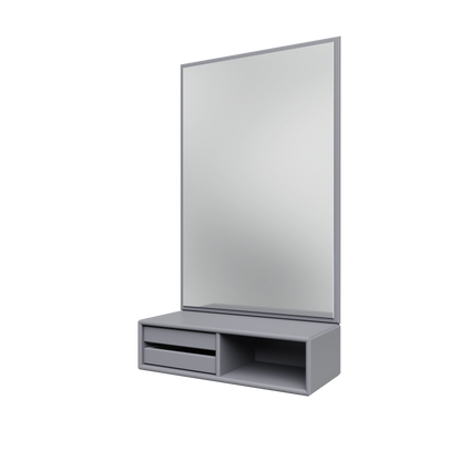 Miroir Glance Montana, laque 100 Graphic, suspendu au rail mural, vue de trois quarts sur fond blanc