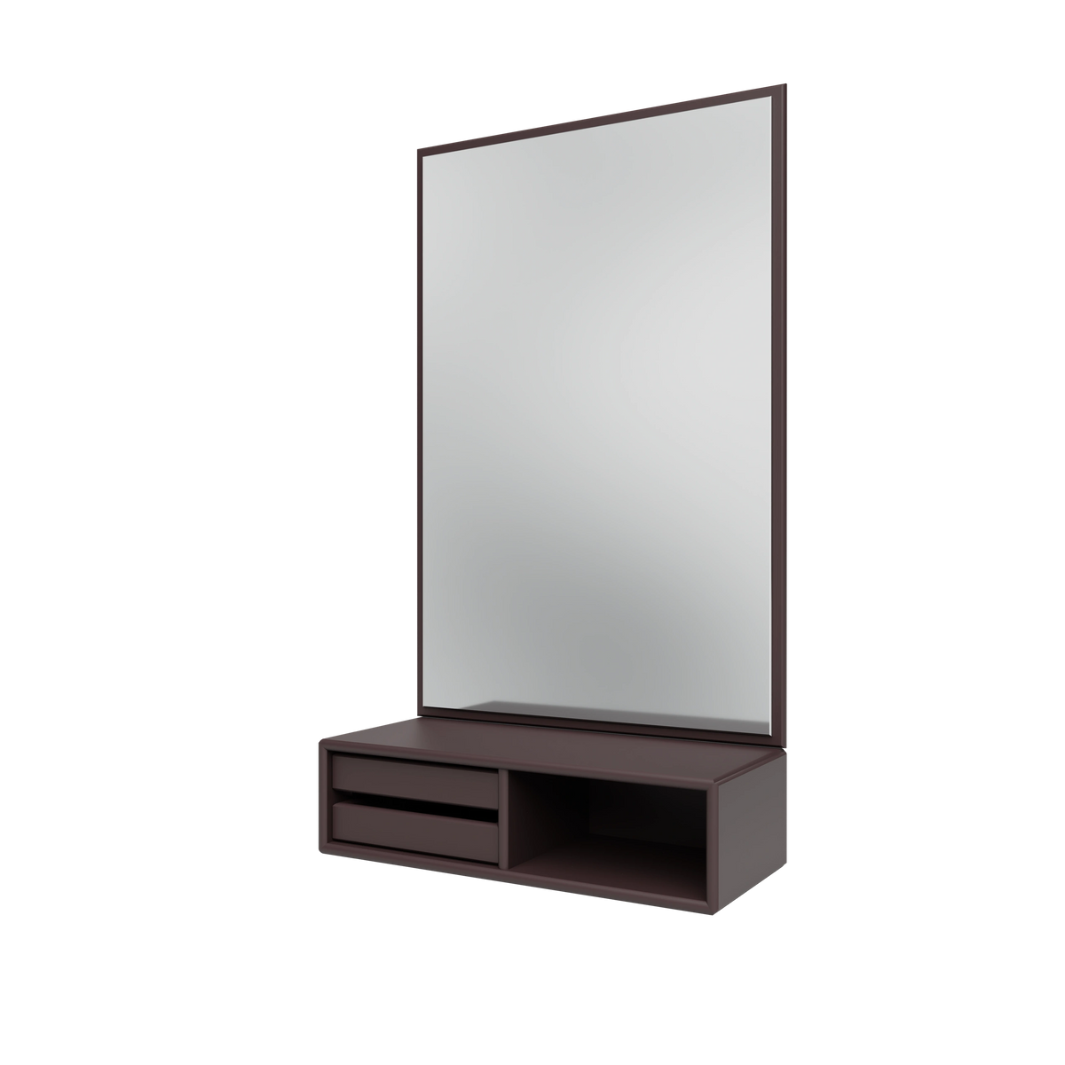 Miroir Glance Montana, laque 160 Balsamic, suspendu au rail mural, vue de trois quarts sur fond blanc