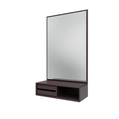 Miroir Glance Montana, laque 160 Balsamic, suspendu au rail mural, vue de trois quarts sur fond blanc