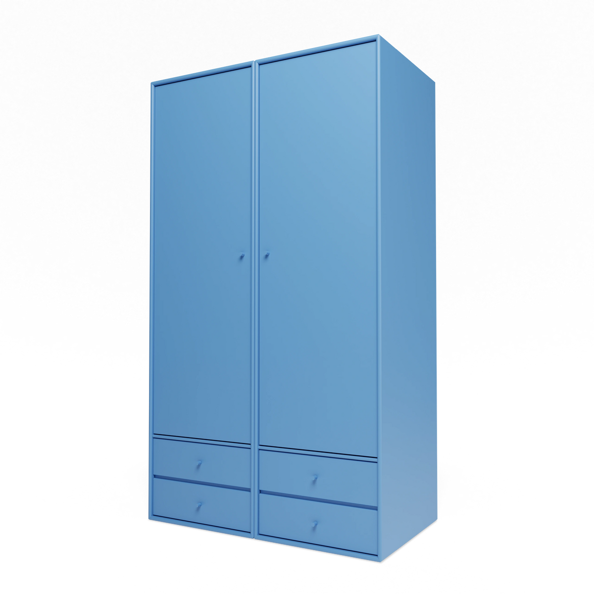 Armoire Attire IV Montana, laque 154 Azure, suspendu au rail mural, vue de trois quarts sur fond blanc