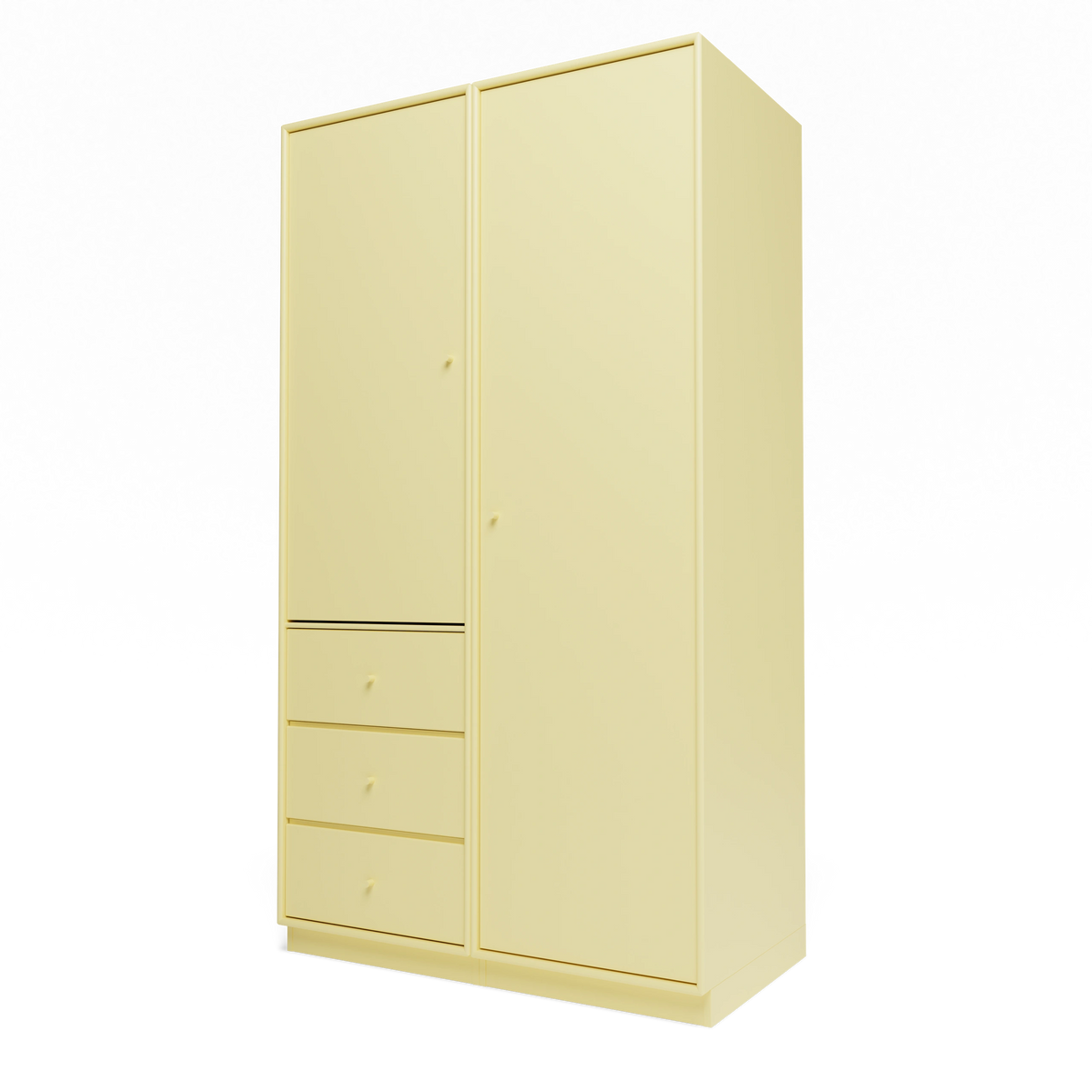 Armoire Attire III Montana, laque 159 Camomile, sur socle de 7 cm, vue de trois quarts sur fond blanc