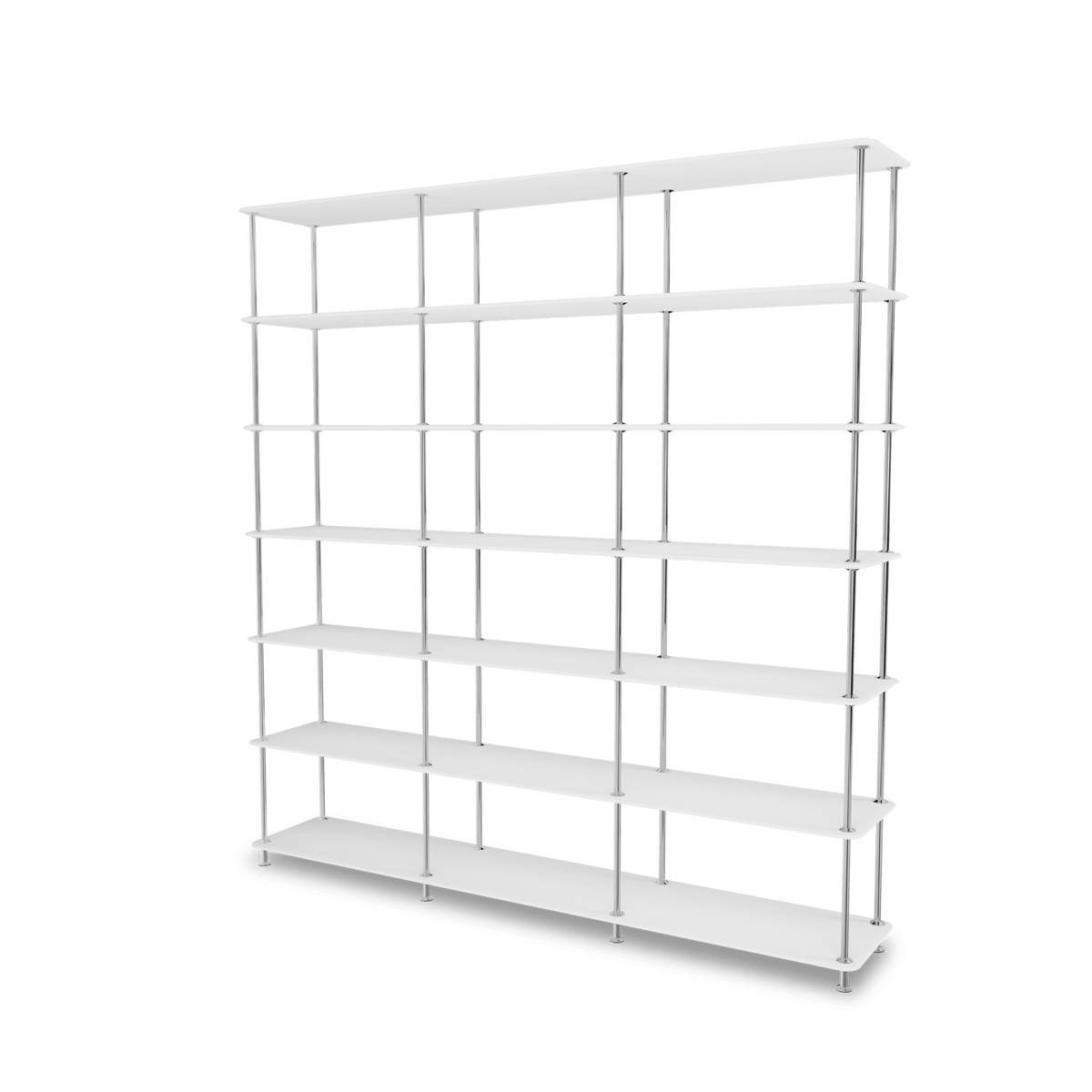 Etagère Free 666000 Montana, tablettes 214 New White et structure 44C Chrome, vue de trois quarts sur fond blanc