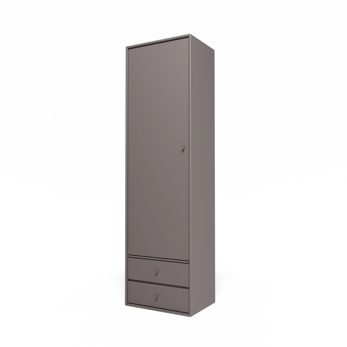 Armoire Attire I Montana, laque 35 Coffee, suspendu au rail mural, vue de trois quarts sur fond blanc