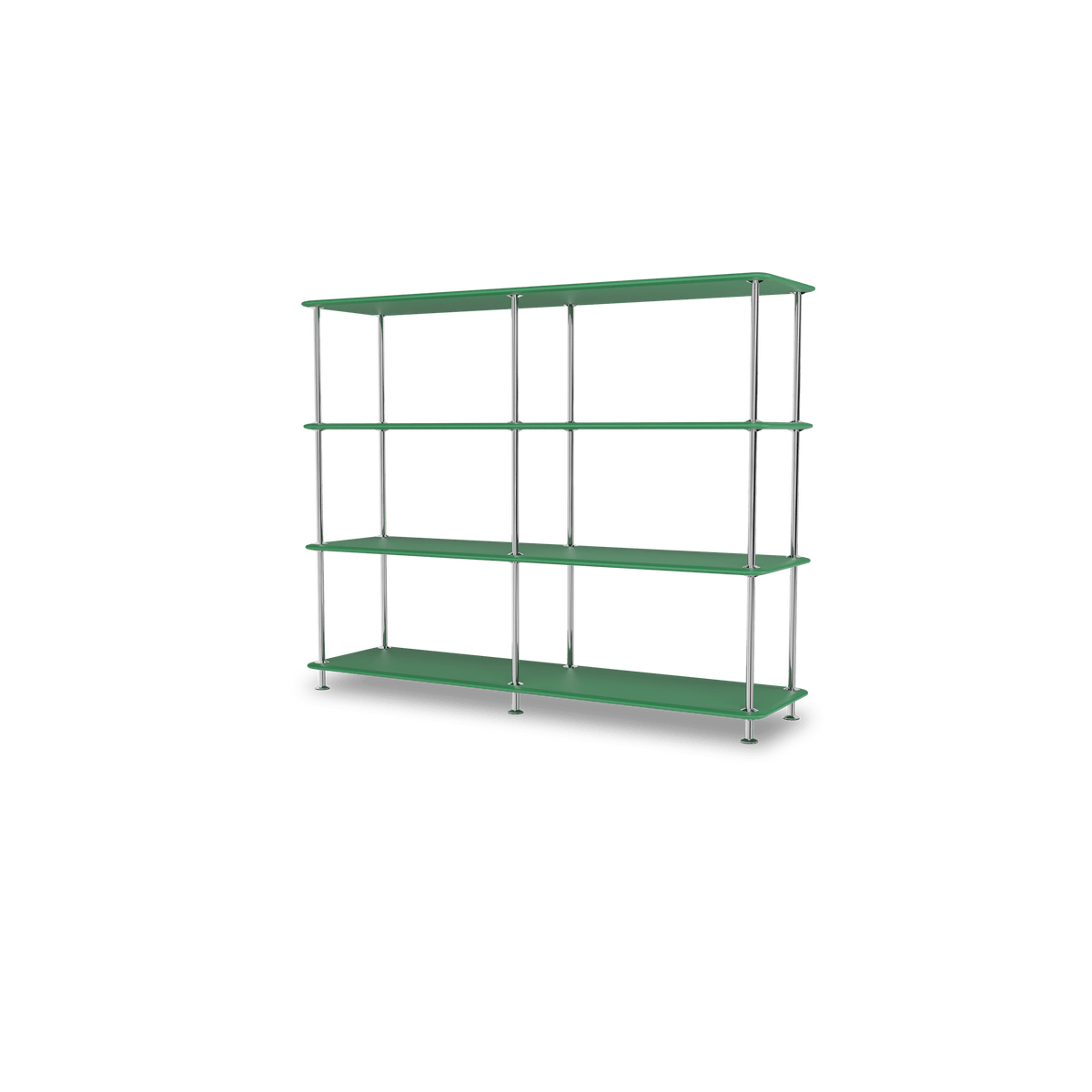 Etagère Free 330000 Montana, tablettes 232 Parsley et structure 44C Chrome, vue de trois quarts sur fond blanc
