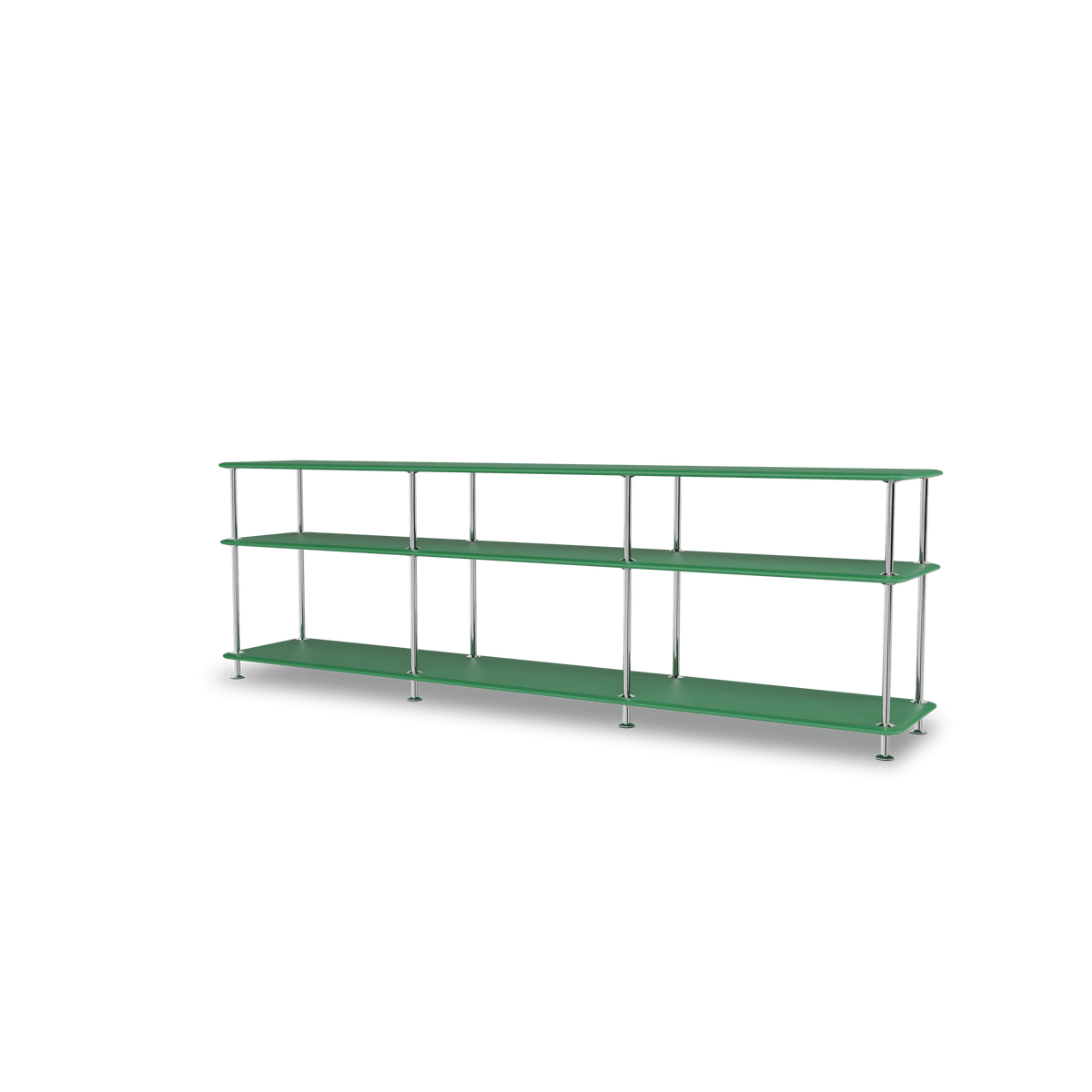 Etagère Free 111222 Montana, tablettes 232 Parsley et structure 44C Chrome, vue de trois quarts sur fond blanc