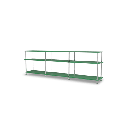 Etagère Free 111222 Montana, tablettes 232 Parsley et structure 44C Chrome, vue de trois quarts sur fond blanc