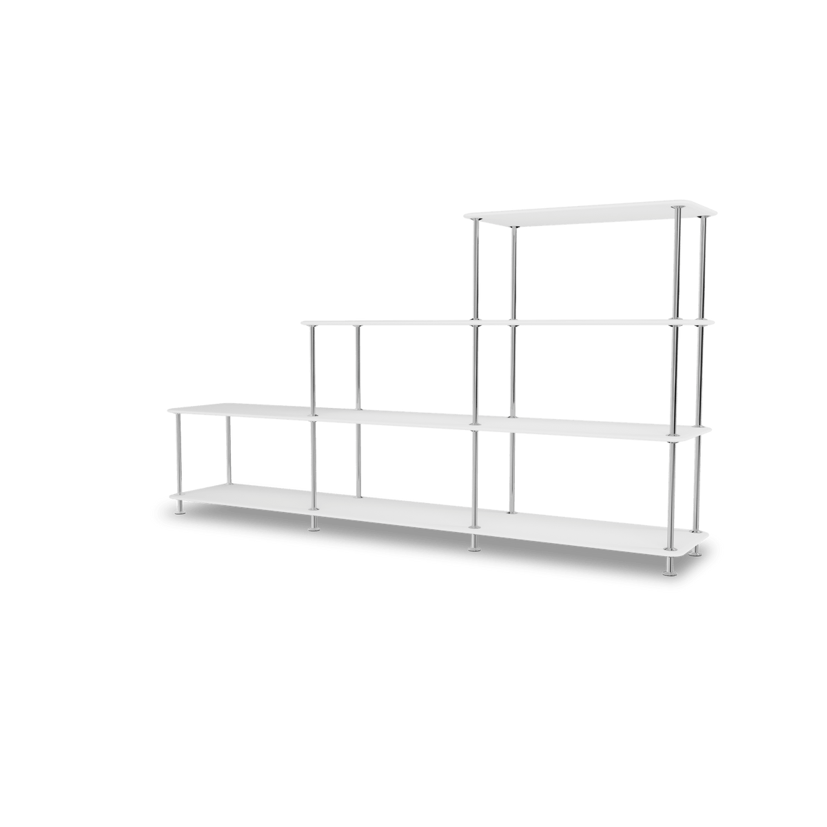 Etagère Free 321000 Montana, tablettes 214 New White et structure 44C Chrome, vue de trois quarts sur fond blanc
