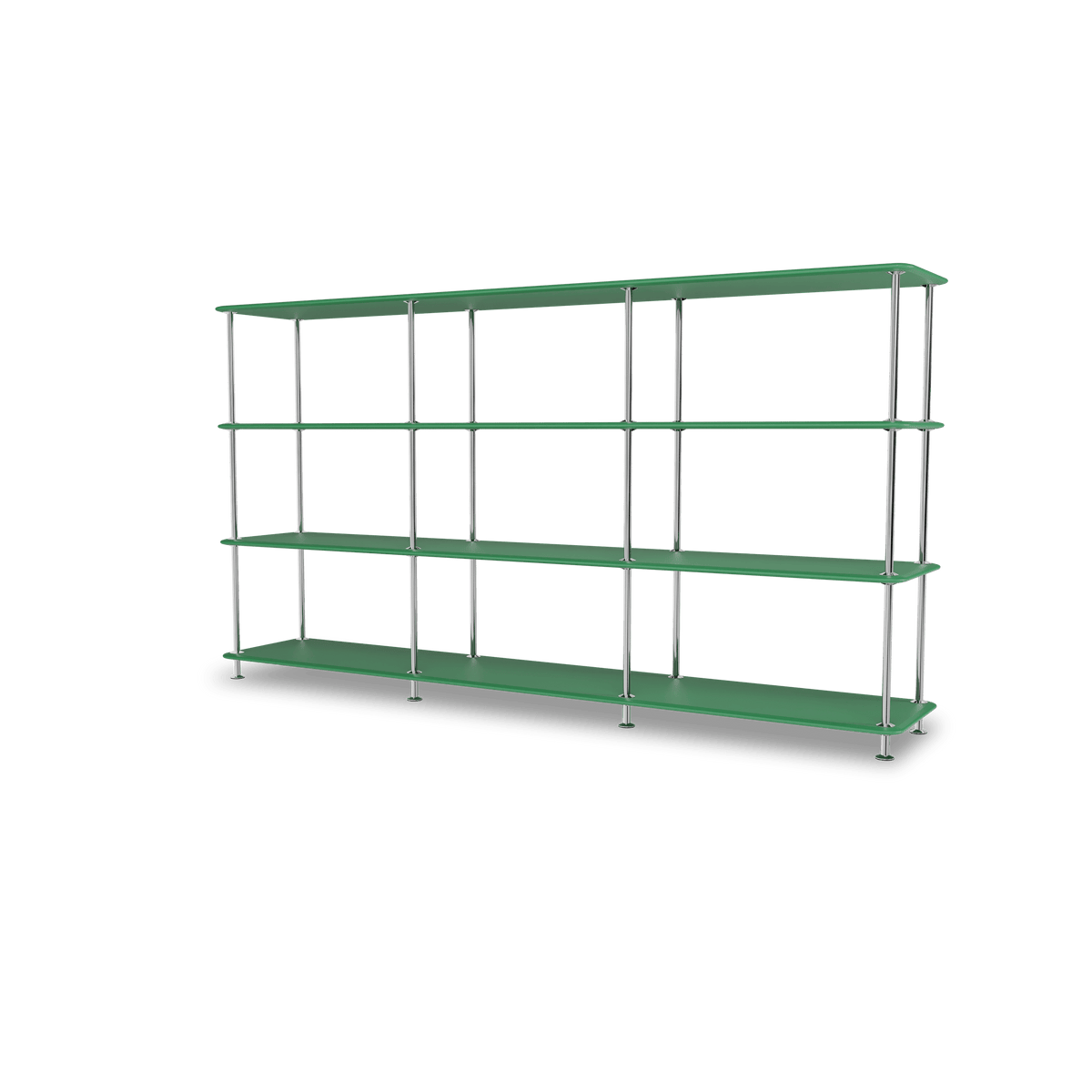 Etagère Free 333000 Montana, tablettes 232 Parsley et structure 44C Chrome, vue de trois quarts sur fond blanc