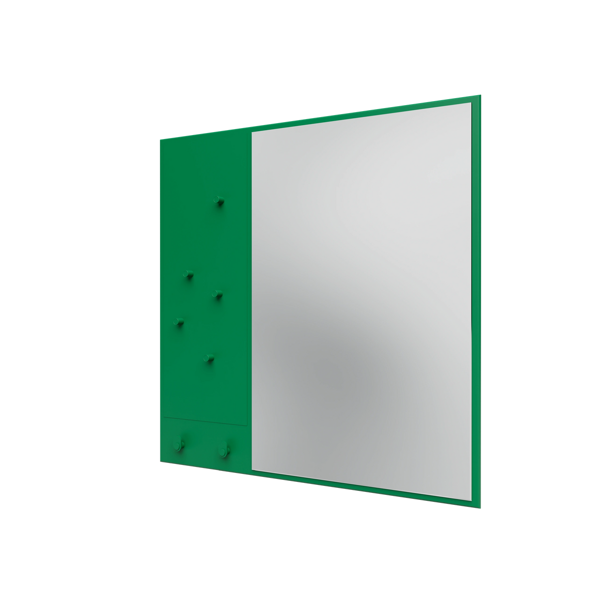 Miroir Memo Montana, laque 152 Parsley, suspendu au rail mural, vue de trois quarts sur fond blanc