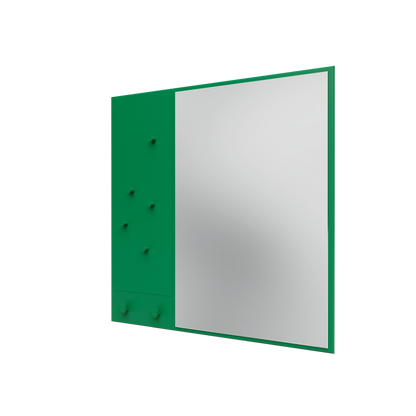 Miroir Memo Montana, laque 152 Parsley, suspendu au rail mural, vue de trois quarts sur fond blanc