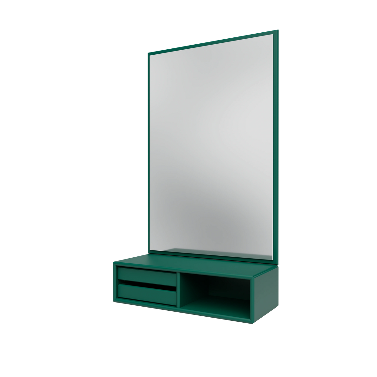 Miroir Glance Montana, laque 136 Pine, suspendu au rail mural, vue de trois quarts sur fond blanc