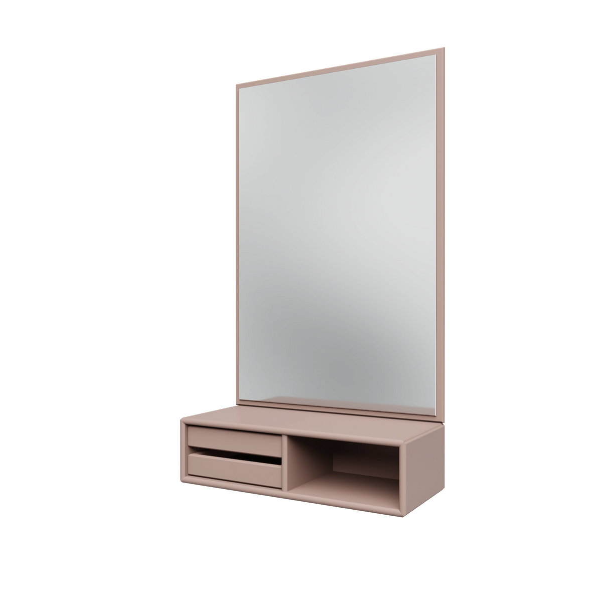 Miroir Glance Montana, laque 137 Mushroom, suspendu au rail mural, vue de trois quarts sur fond blanc