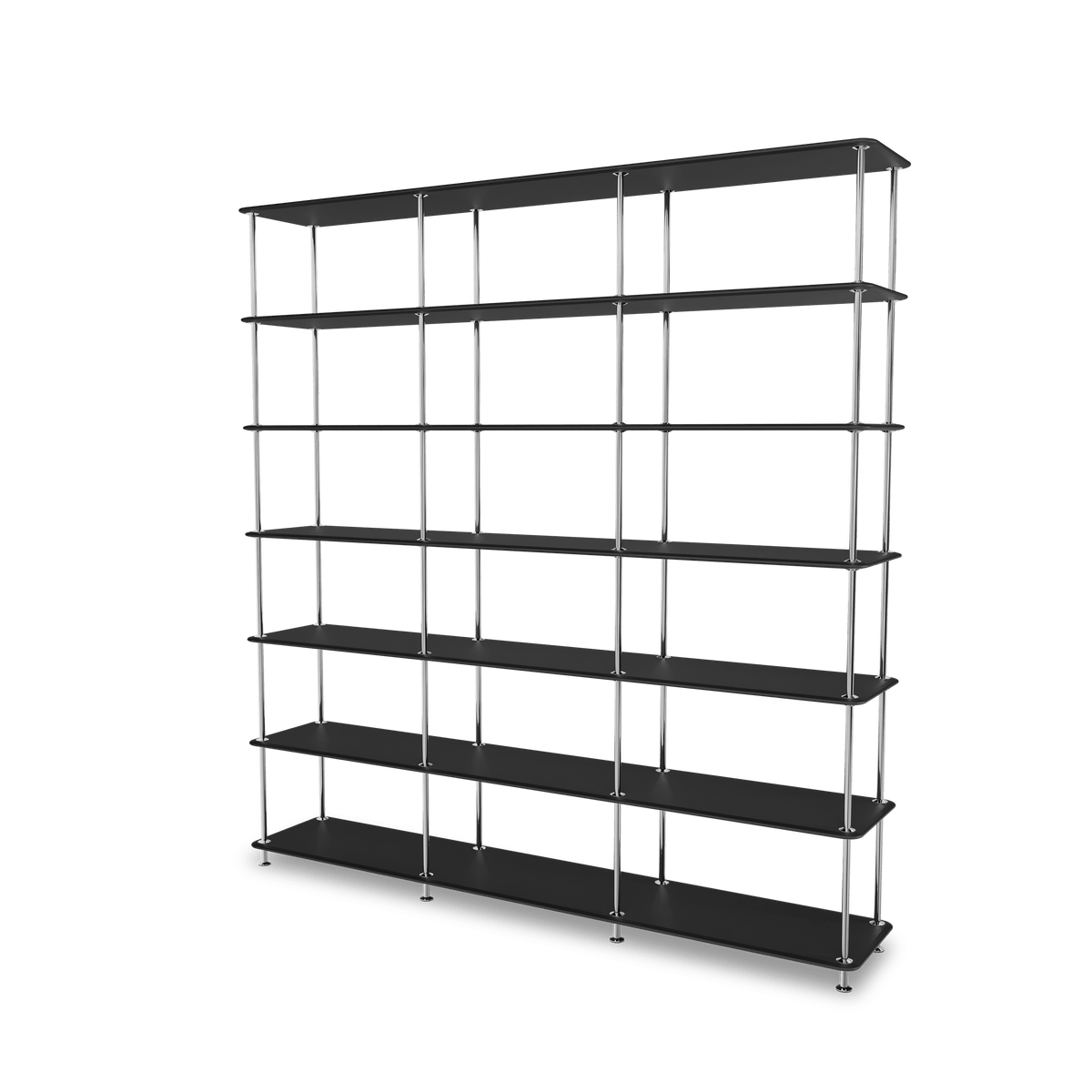 Etagère Free 666000 Montana, tablettes 207 Black et structure 44C Chrome, vue de trois quarts sur fond blanc