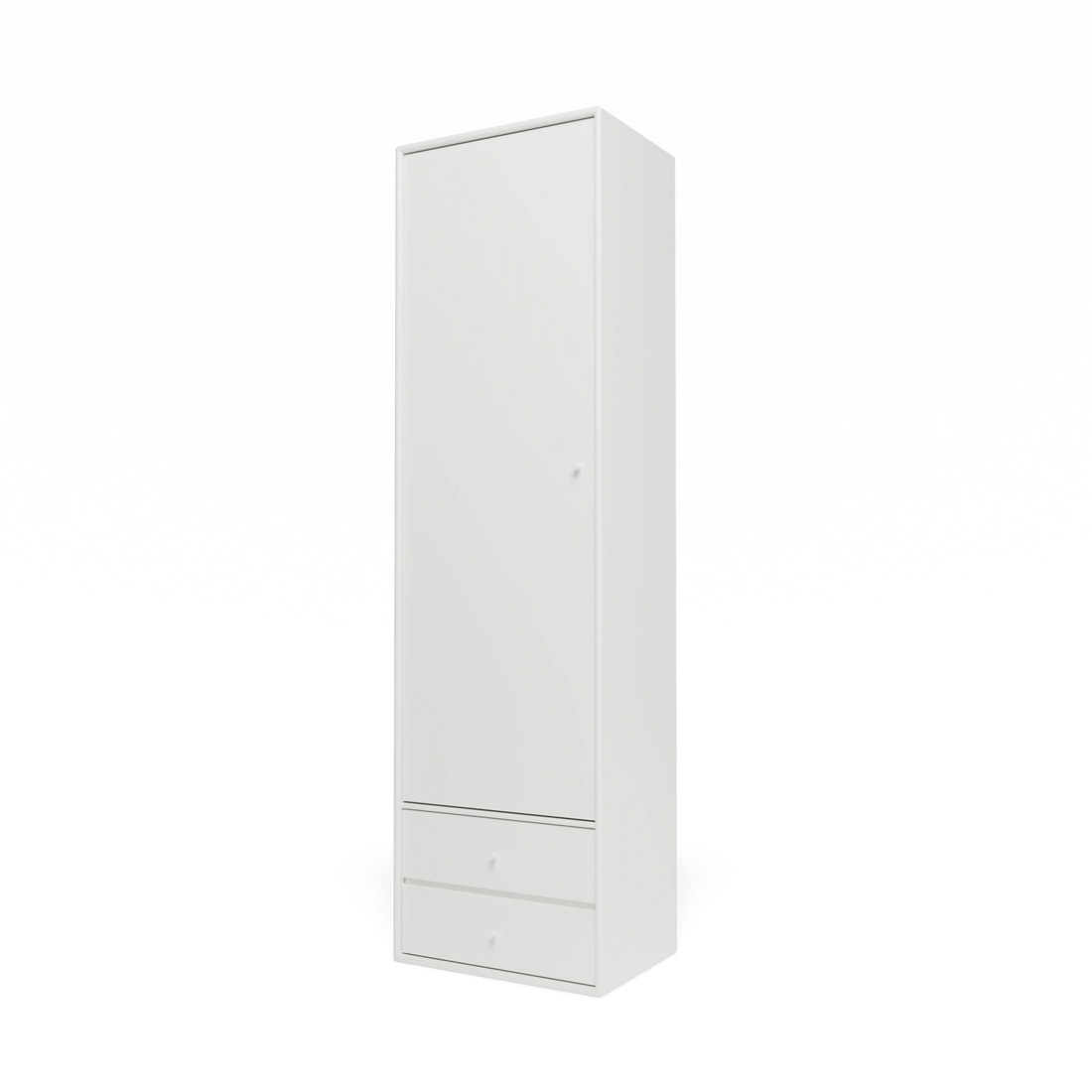 Armoire Attire I Montana, laque 01 White, suspendu au rail mural, vue de trois quarts sur fond blanc
