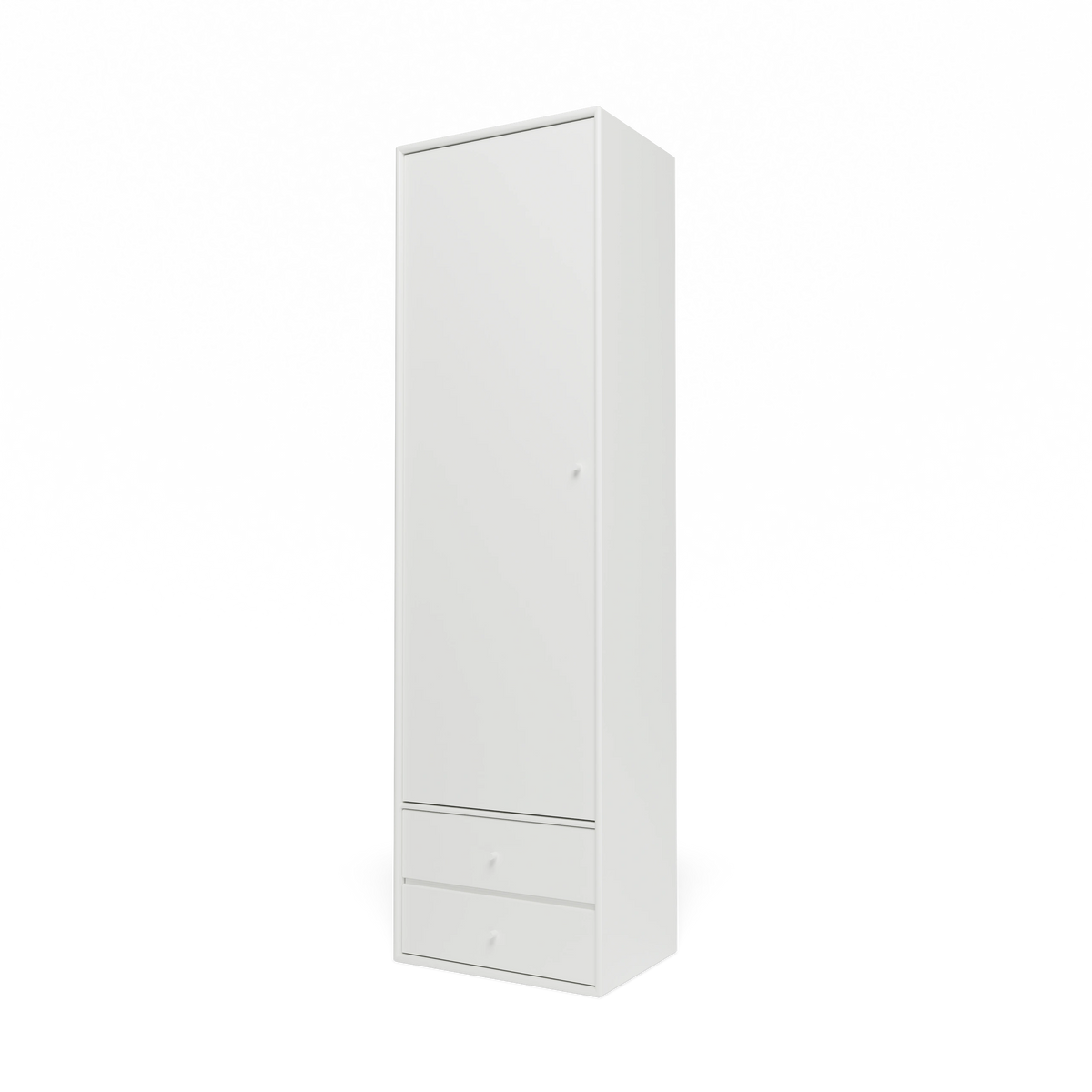 Armoire Attire I Montana, laque 01 White, suspendu au rail mural, vue de trois quarts sur fond blanc