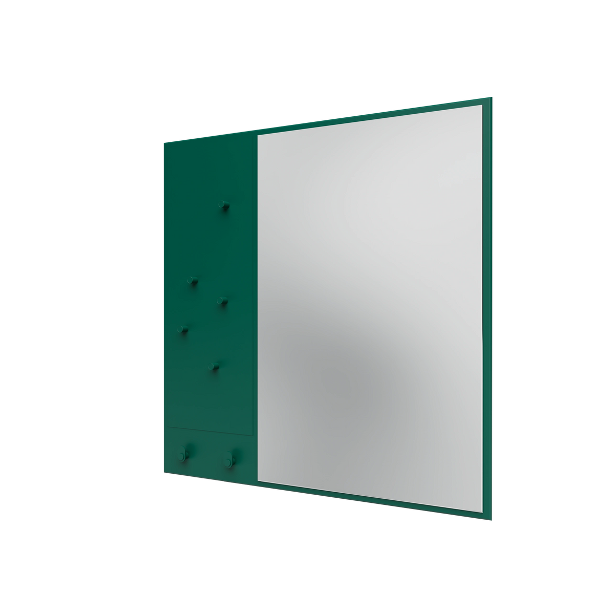 Miroir Memo Montana, laque 136 Pine, suspendu au rail mural, vue de trois quarts sur fond blanc