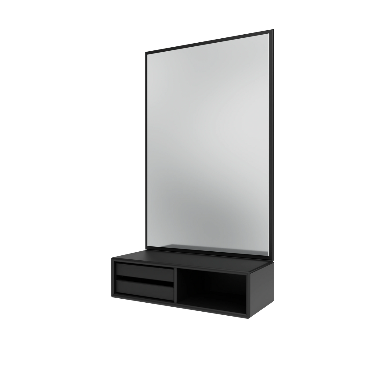 Miroir Glance Montana, laque 05 Black, suspendu au rail mural, vue de trois quarts sur fond blanc
