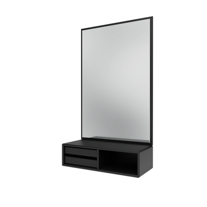 Miroir Glance Montana, laque 05 Black, suspendu au rail mural, vue de trois quarts sur fond blanc
