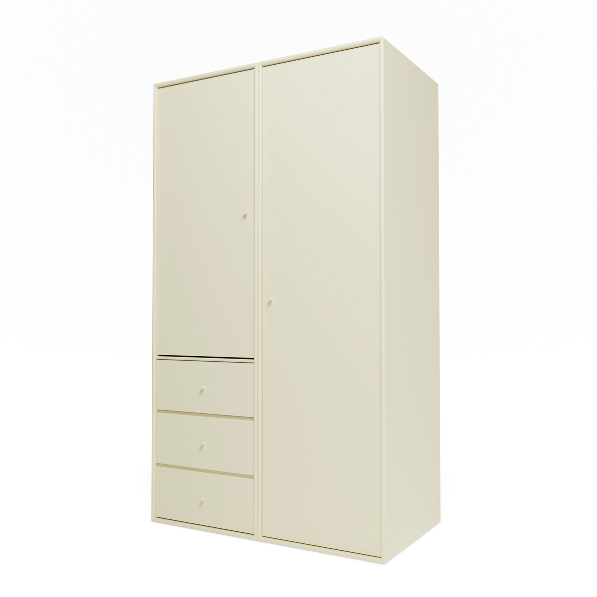 Armoire Attire III Montana, laque 150 Vanilla, suspendu au rail mural, vue de trois quarts sur fond blanc