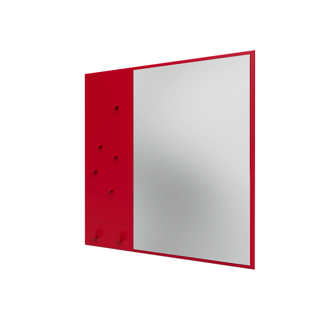 Miroir Memo Montana, laque 165 Beetroot, suspendu au rail mural, vue de trois quarts sur fond blanc