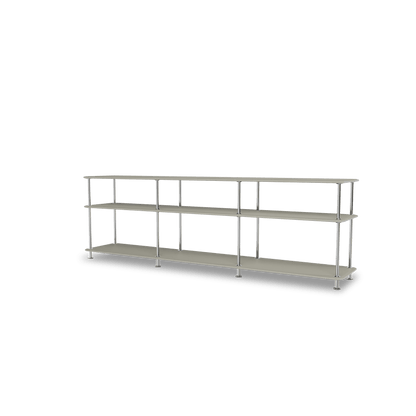 Etagère Free 111222 Montana, tablettes 225 Fennel et structure 44C Chrome, vue de trois quarts sur fond blanc
