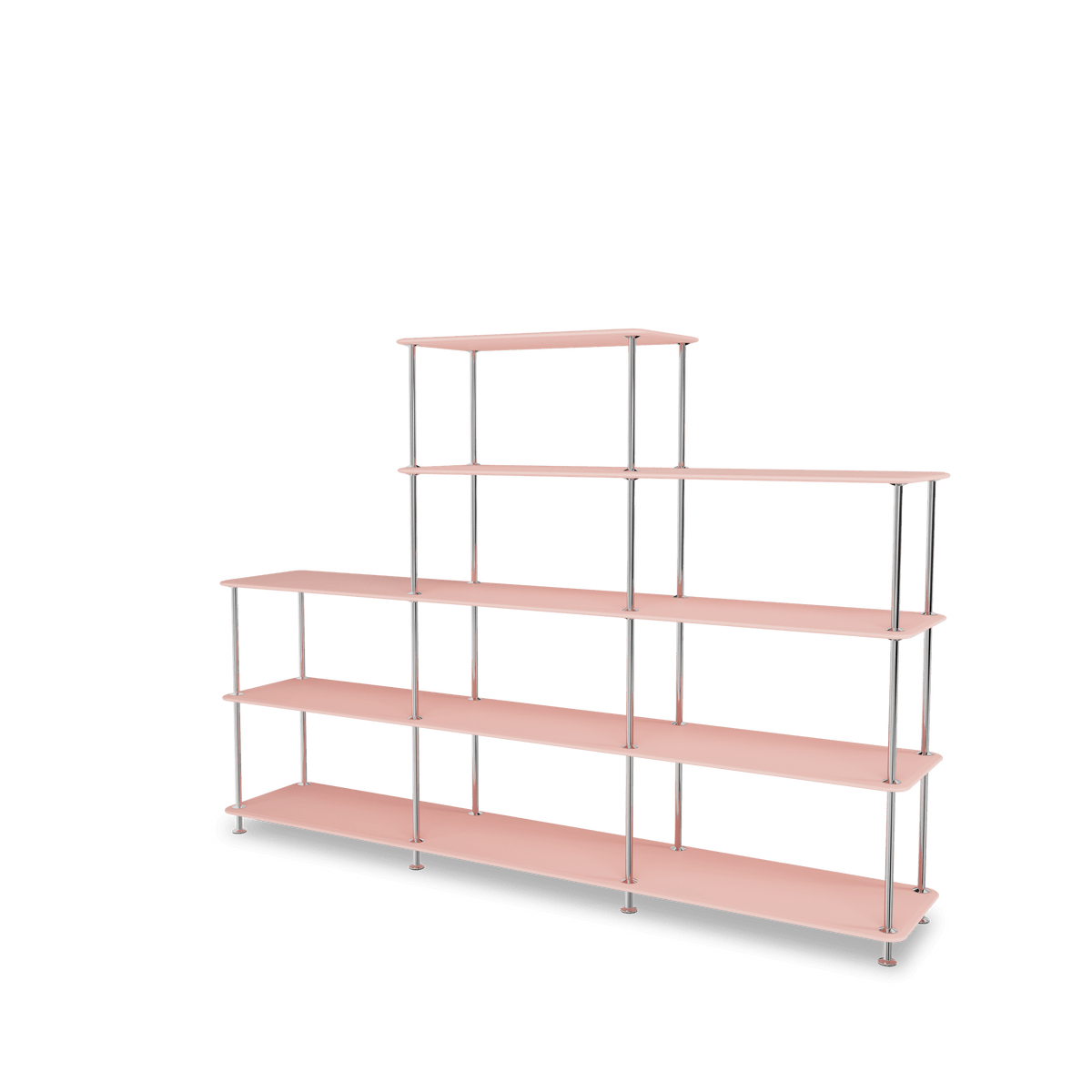 Etagère Free 342000 Montana, tablettes 167 Ruby et structure 44C Chrome, vue de trois quarts sur fond blanc