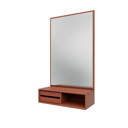 Miroir Glance Montana, laque 146 Hazelnut, suspendu au rail mural, vue de trois quarts sur fond blanc