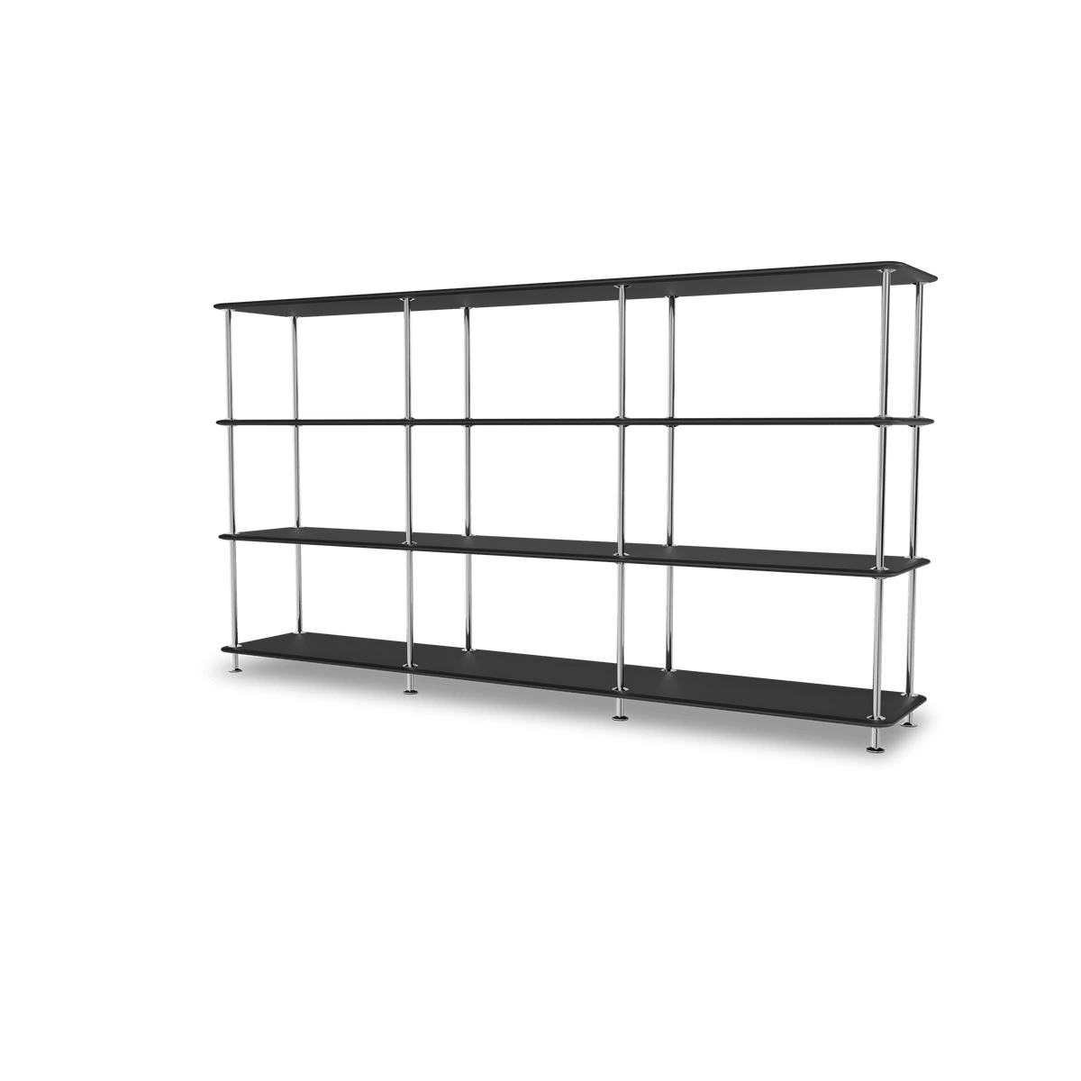 Etagère Free 333000 Montana, tablettes 207 Black et structure 44C Chrome, vue de trois quarts sur fond blanc