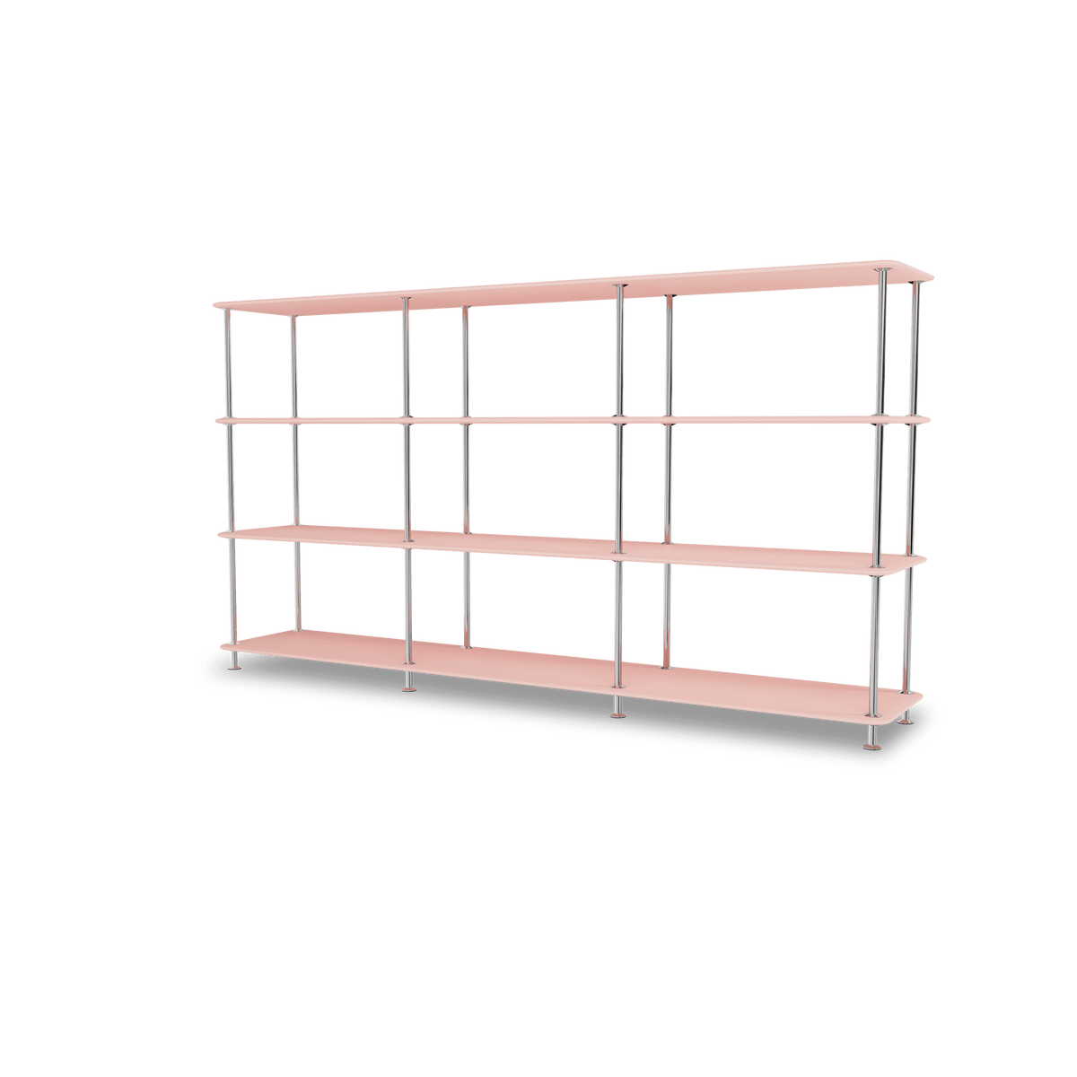 Etagère Free 333000 Montana, tablettes 167 Ruby et structure 44C Chrome, vue de trois quarts sur fond blanc