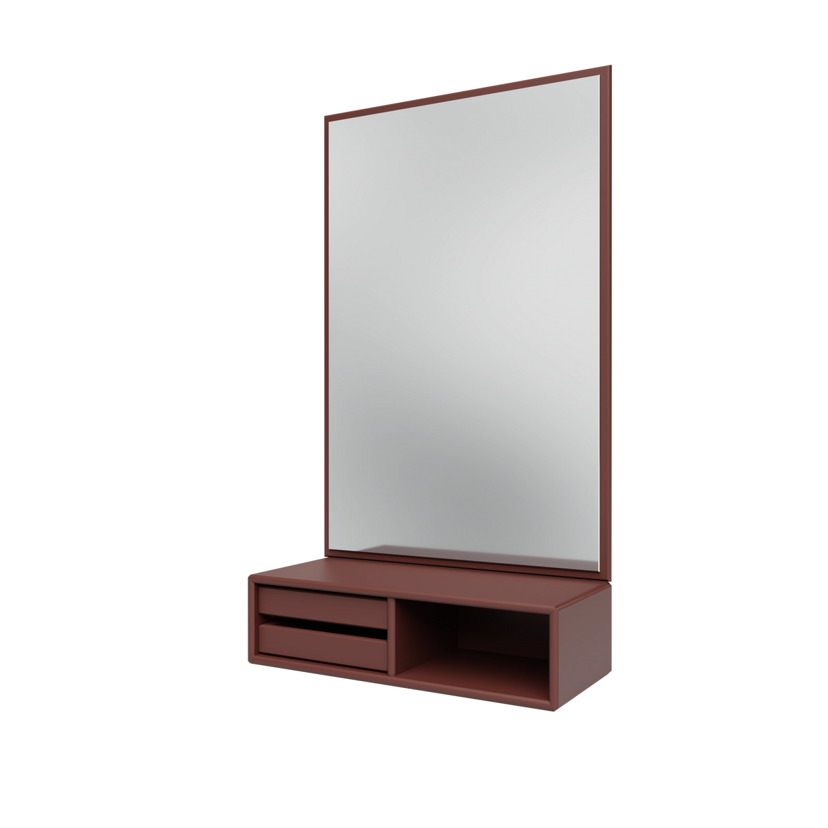 Miroir Glance Montana, laque 155 Masala, suspendu au rail mural, vue de trois quarts sur fond blanc
