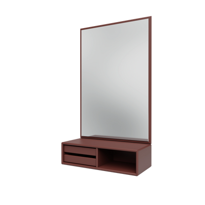Miroir Glance Montana, laque 155 Masala, suspendu au rail mural, vue de trois quarts sur fond blanc