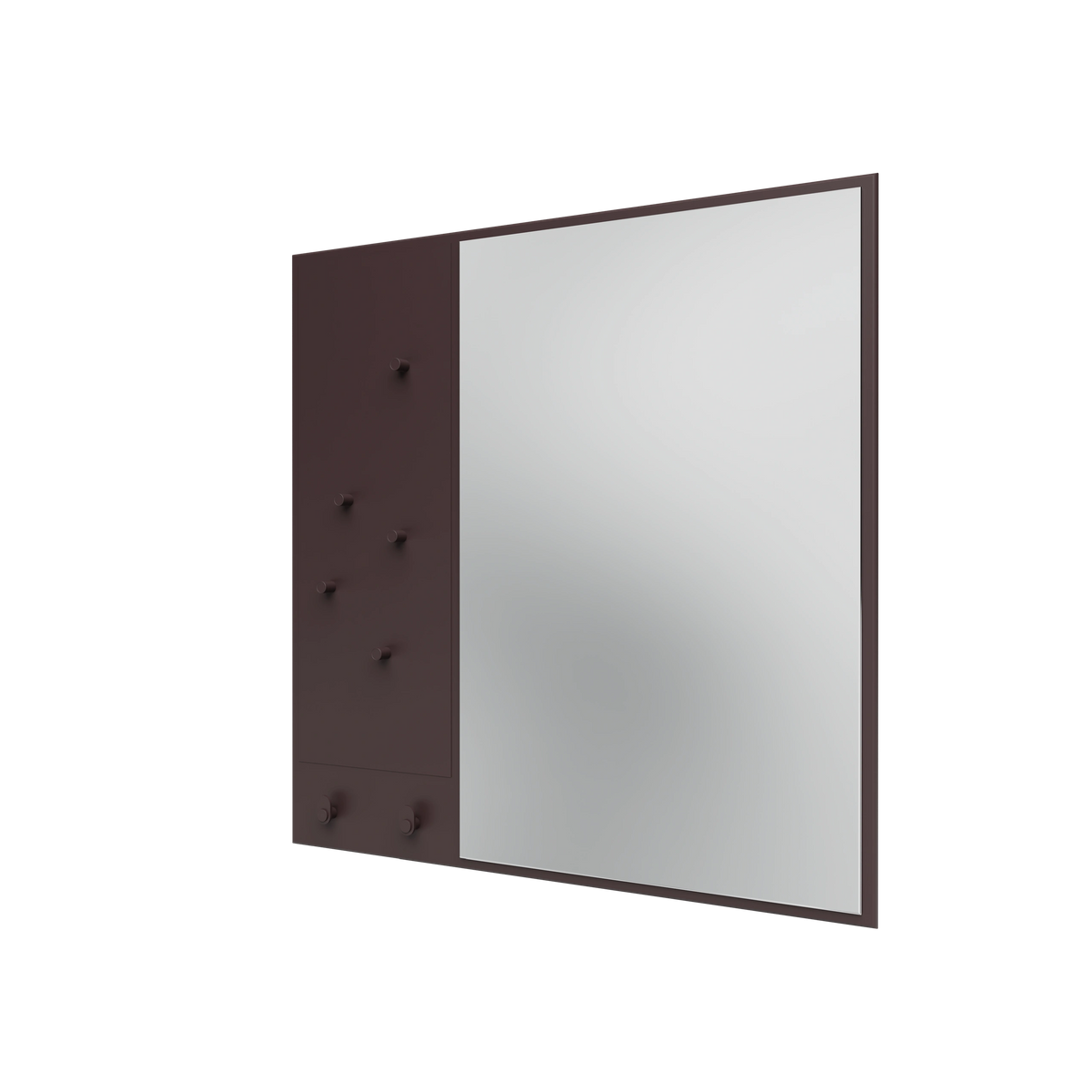 Miroir Memo Montana, laque 160 Balsamic, suspendu au rail mural, vue de trois quarts sur fond blanc