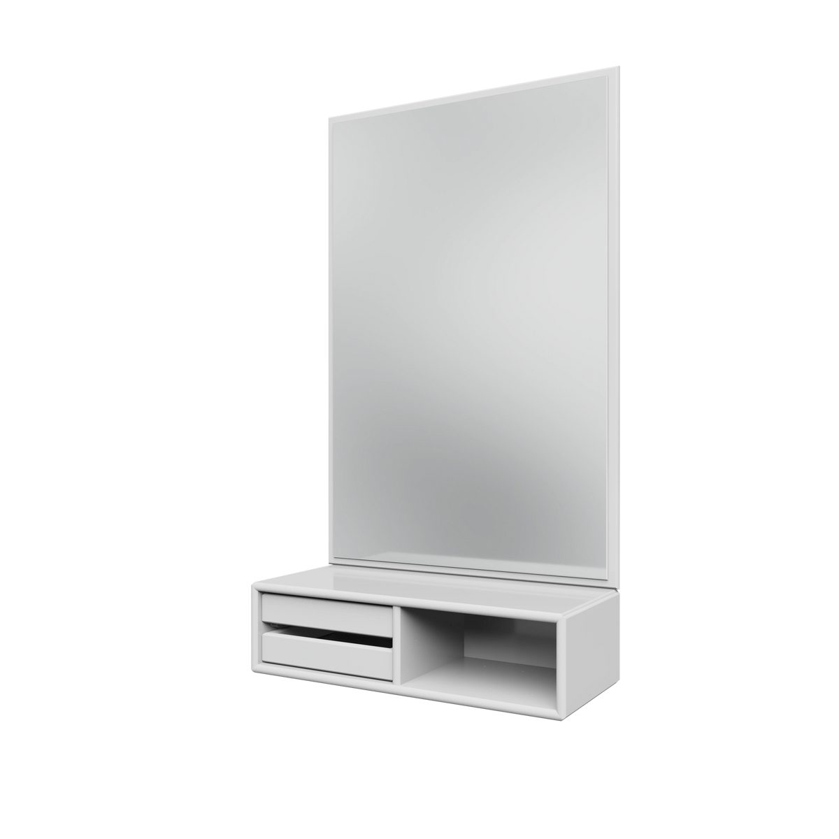 Miroir Glance Montana, laque 101 New White, suspendu au rail mural, vue de trois quarts sur fond blanc